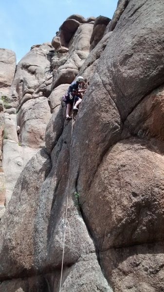 Mike Endicott searching for gear placements, May 3, 2015.