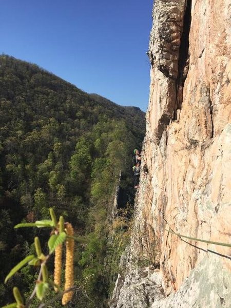 Passing under the Dirty Old Man P2 right-facing corner.<br>
<br>
Photo Credit-Jack Kleman