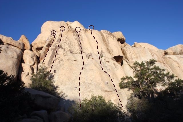 Trifling Rock (West Face - Middle Section), Joshua Tree NP<br>
<br>
A. Bald Ambition (5.11a)<br>
B. Where's Baldo? (5.8)<br>
C. Trivial Pursuit (5.7 R) <br>
D. Unknown (5.10)