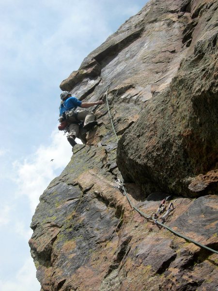 One of the sickest aretes in Eldo.  Dave cruising as he approaches the bizarre crux.  