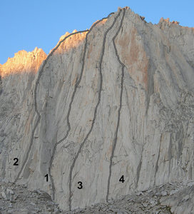 Ruby Wall of Ruby Peak: (1) East Corner (LeMay-Carmona, 2009). (2) East Arête (Rowell-Wilson, 1984). (3Central Route (Rowell-White, 1982). (4) Daphne (Parker-Houston-Selters, 2000).