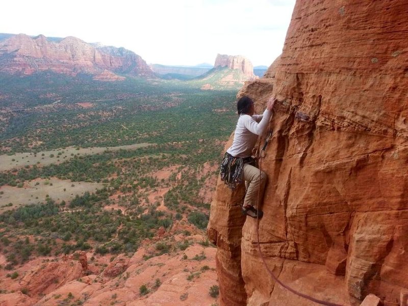 Traverse on "The Mace" in Sedona. A bit exposed, leads to a chimney.