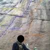 You can't tell, but there is a smile under there.<br>
<br>
Missing the start of the route.<br>
<br>
(Don't touch the crack to the right of the black line for a harder crux!)