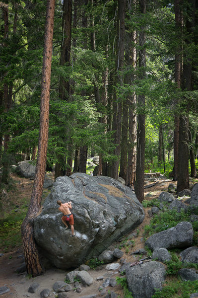 A lone climber running laps on the Twisted Tree boulder in the Twisted Tree area. 