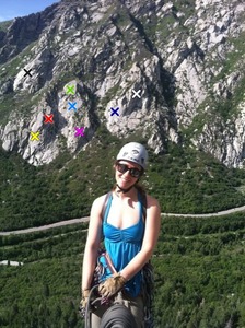 A Belay Princess with o so much behind her:<br>
Black- Memorial Buttress<br>
Yellow- Crescent Crack Buttress<br>
Red- Coffin Buttress<br>
Green- The Sail<br>
Light Blue- The Keel<br>
Purple-Hong Wall<br>
Dark Blue- The Egg<br>
White- Dragon Arch