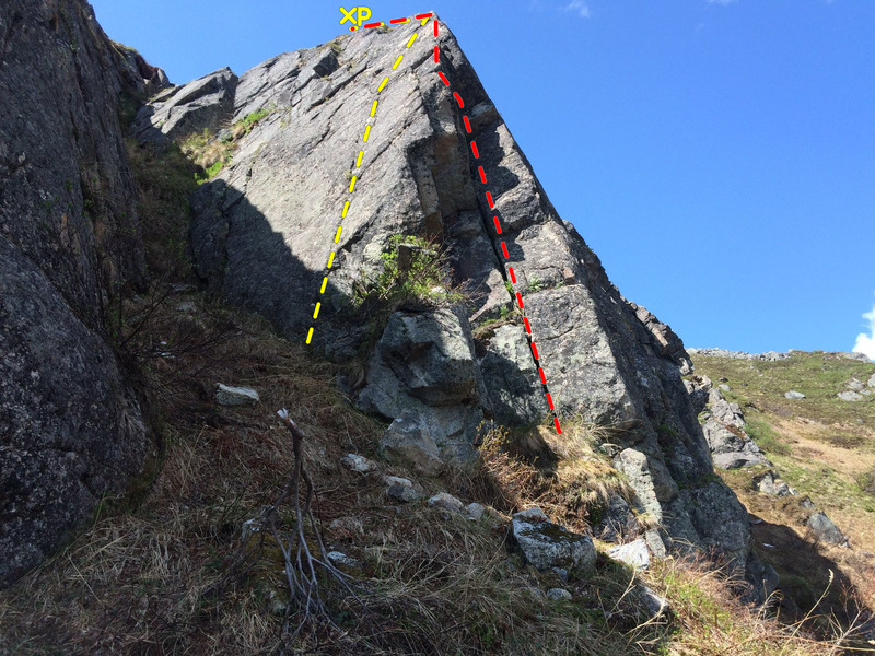 Stairway to heaven (left, yellow) and Highway to hell (right, red).  Continue over top to large, flat tundra ledge with bolt and piton anchor.