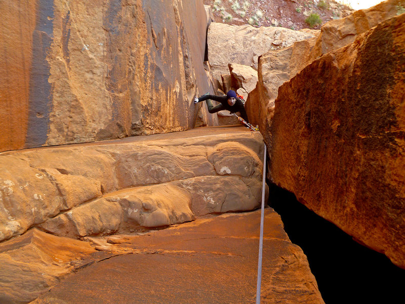 Tim coming up the stem box of pitch 1<br>
<br>
March 2014