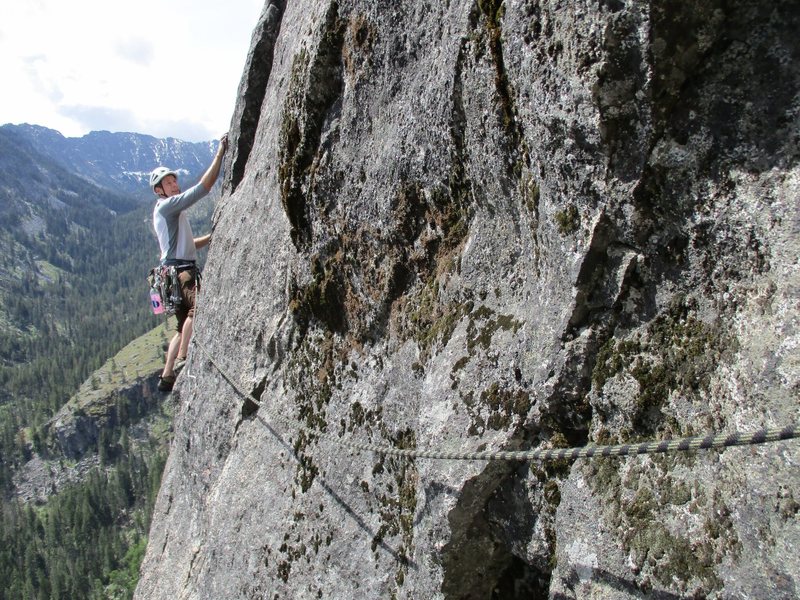 The third pitch traverse.  Photo by Steph Abegg.