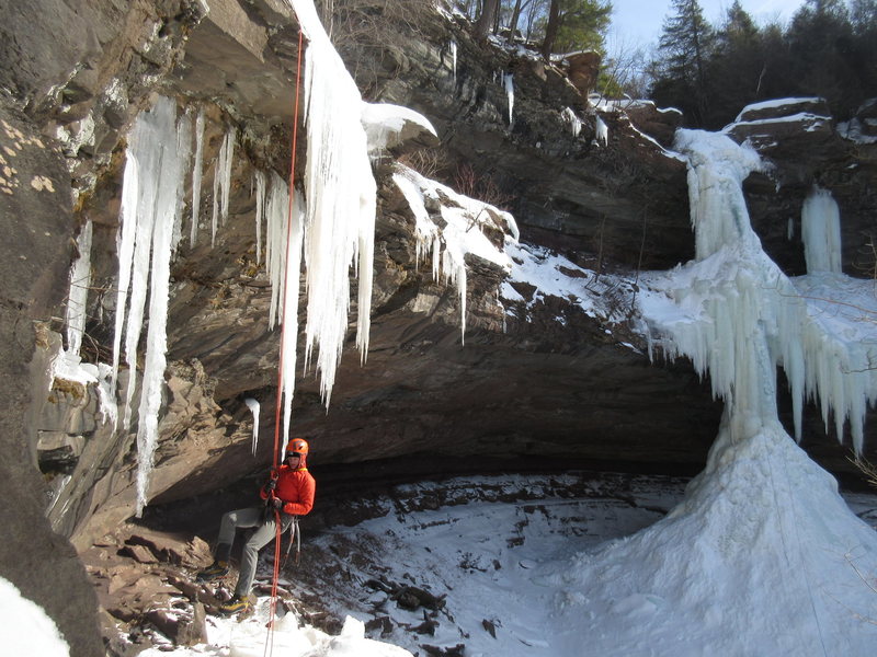 Brandon rapping off the upper tier of Kaaterskill Falls after we climbed both pitches. The upper falls had just come in the week before and was still creaky. As I led the final 50' you could see water rushing down behind the ice, which was about 12" thick. Temps were b/w 0 and 5 degrees (F), so cold as hell! 