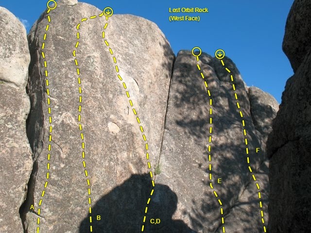 Topo for Lost Orbit Rock (West Face), Holcomb Valley Pinnacles<br>
<br>
A. Pablo Cruise (5.10a TR)<br>
B. Cruise Control (5.10a)<br>
C. Bear Essence (5.10a)<br>
D. Bear Pause (5.7)<br>
E. Benevolant Bruin (5.8)<br>
F. Ursa Major (5.10c)