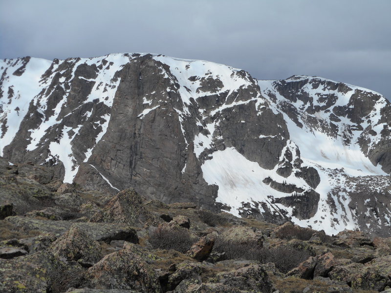 Snow conditions on Notchtop, June 6, 2015. Note cornice at top. Taken from north shoulder of Flattop Mtn.