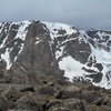 Snow conditions on Notchtop, June 6, 2015. Note cornice at top. Taken from north shoulder of Flattop Mtn.