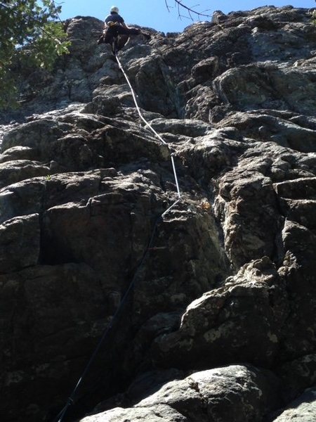 Chad in the upper crux. Fly Fighter is steep and pumpy fun!