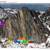 Routes on Prusik Peak<br>
(mistake: the Boving-Christensen route overlay needs to be shifted left a bit. It accidentally got shifted right in photoshop.)