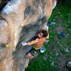 Nat hits the small left crimp near the end of the crux sequence. June 2015.