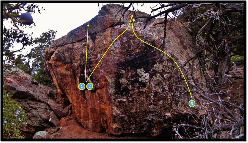 Arcadia west face problems: 1 - The Wind Cries Scary; 2 - Administratium; 3 - Start and Finish.