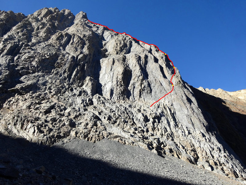 This shows the start of the North Buttress from below. The yellow dots mark the approximate location of the first, second, and third pitches.