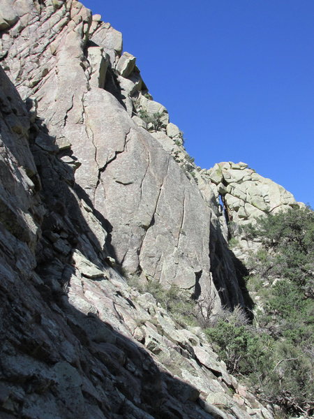 Another view of the Keyhole from the east, this time with the context of Shortline showing to its left. The route climbs to the top of that.