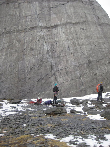 The Seamstress slab on a bleak spring day.  Seamstress is the central crack-line, Seams the Same is on the right.<br>
<br>
Photo by Phil Ashton