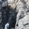 The route takes the obvious steep arête on the centre-right (photo by Phil Ashton) 