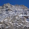 Upper north aspect of the north buttress, severely foreshortened.  The 1984 French route aka Grison-Tedeschi breaks this headwall 4500 feet above the glacier. another 2000 feet of snow climbing follows.