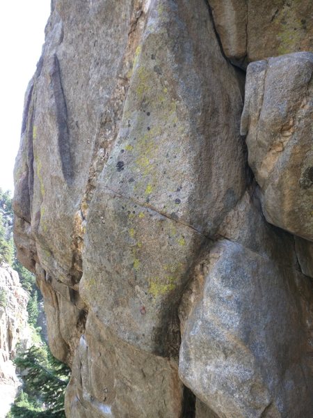 The lower section of the purpose. You can make out the first few bolts as the climb moves up and slightly left.