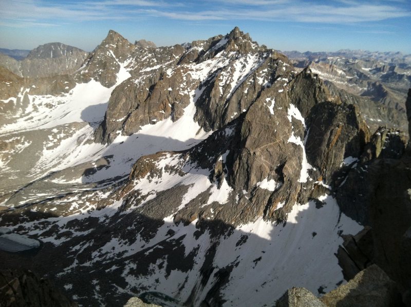 The summit view SE from Mt. Agassiz on June 20th at 6:30pm toward Thunderbolt, N. Pal., Mt. Sill, etc.