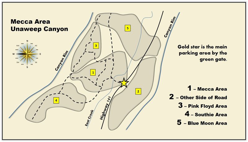 Mecca overview. Version 1.4. <br>
<br>
The Blue Moon area is also included, as many of the boulders are accessed via the same parking area and footpaths. <br>
<br>
The gold star marks the main parking for the areas. Dashed lines indicate approximate footpaths that access the areas, much of these are difficult to follow during some sections though.