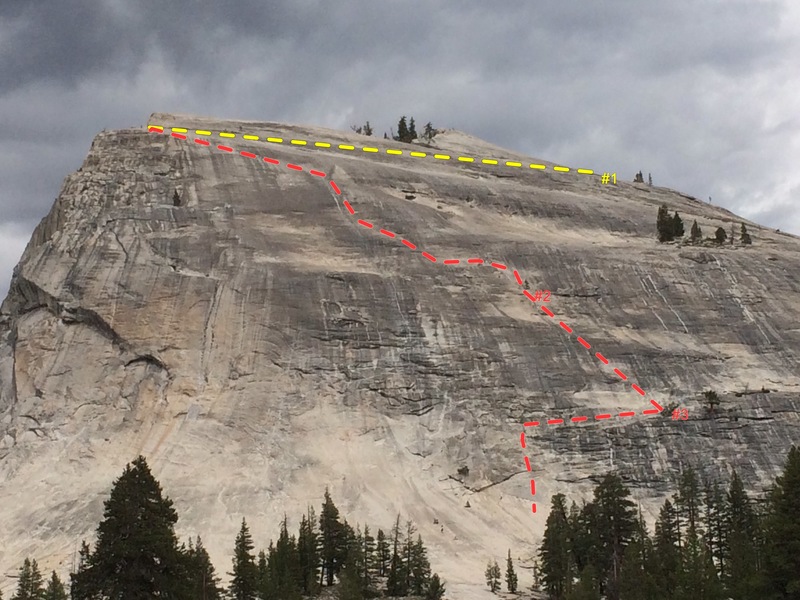 So the descent from northwest books can be tricky.  Obviously take the ledges left to the slabs.  Once on the slabs I have seen people go all the way left (#1).  but with double ropes, we down climbed to #2 and rapped one full length rappel to #3.  Then walked down as indicated by the line.