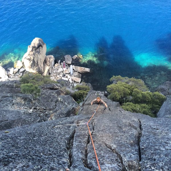 Trad climbs on the water at DL Bliss. Paddleboard (or boat or walk) in with awesome views and great climbing. Here's my buddy Trevor following up on the first climb we did. Called it "Blissful Banging" at 5.9. Check out the Bliss page for more info