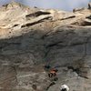 picture was taken at the start of the first pitch. The party ahead of us is starting the second pitch. Pitch 2 through 4 can be seen in the photo. Great route and a great start to 5.11 in the alpine. 