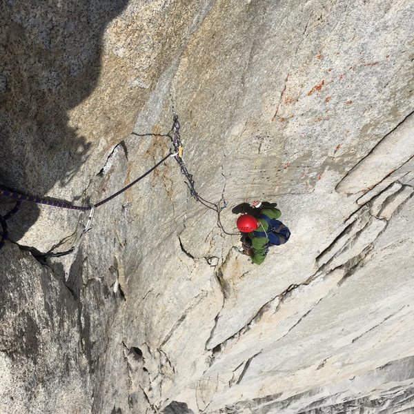 Looking down from just past the crux gives you a true feel for how steep this route is.