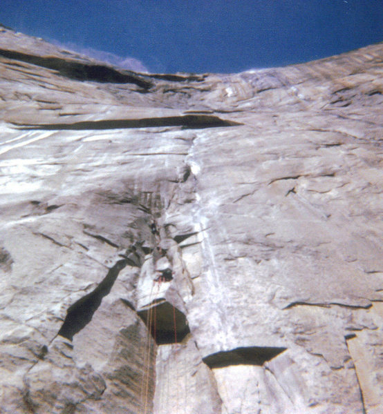 NA Wall, 1974, Notice plumes of water far up and water running down the wall. We bailed. Larry Bruce, Chris Nelson & Jack Roberts.