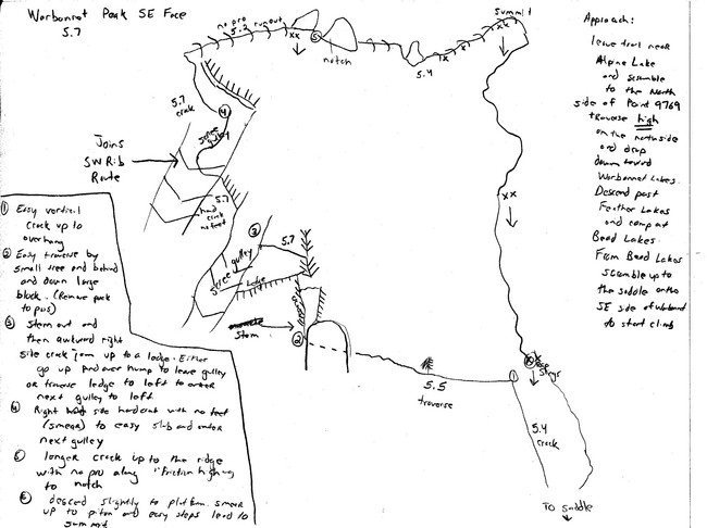 SE face topo - obtained from http://www.summitpost.org/warbonnet-climbing-topo/143486/c-151830