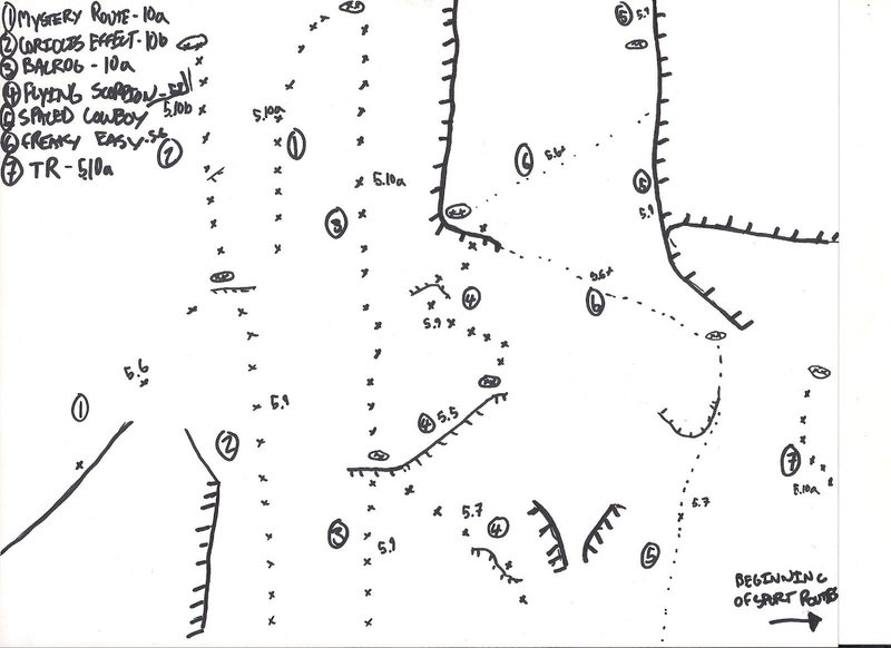 Wolf Rock South Face Topo. Drawing by Tyler Adams. 