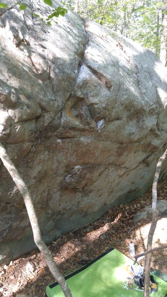 After a day of working the route, feels like a pretty solid V5.<br>
<br>
Start on a pair of crimps, and work your way up to a pretty tough topout.