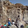 A panorama of the main climbing area.  Sunset Face on the left, Pelican Arete on the right.