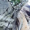 Looking straight up from the ground. It overhangs quite a bit.