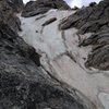 A look at the Northwest Ice Couloir gully. Climb the rock on the left edge of this gully until you hit the "Black Dike" notch. 