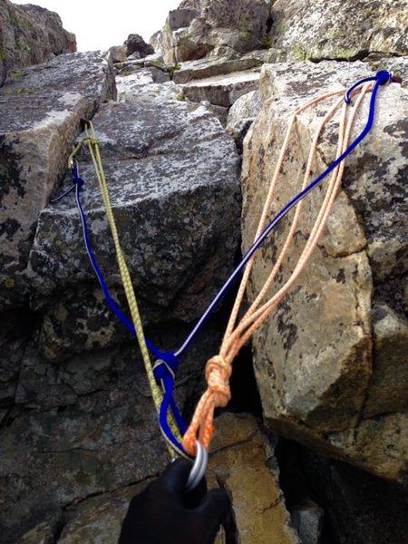 The rap anchor right above the 5th class climb out of the "Black Dike" notch. If you see this, you're on route! Also, its pretty bomber and a quick way to avoid downclimbing this section. 