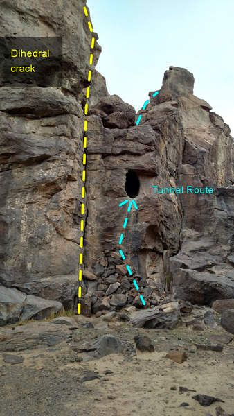 Dihedral crack, and the stepping stone pile to the tunnel route
