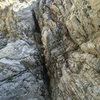 Follow the red line, breh. Second pitch follows 5.6-7 slabs up and out of sight.