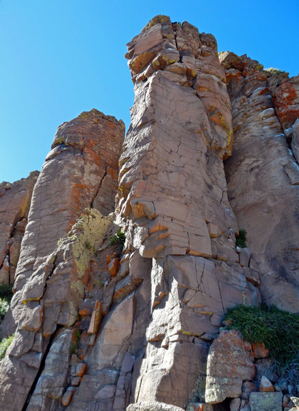 Wrath of the Talus Monster tackles the face in the foreground. Roy's first attempt at equipping the line yielded a route on the face in the background (with the diagonal crack).