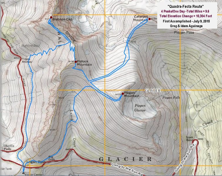 Topo Map of the Quadra-Fecta Route. Glacier National Park. Four(4)  Mountains/One(1)Day: