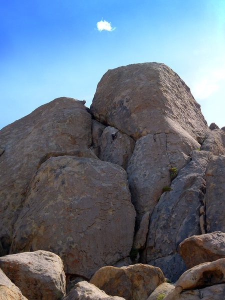 Chris Wing working his way up to the bulge crux on "Chocolate Pocket."