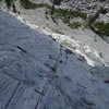 Looking down from the pitch 1 belay. This is typical terrain on the first few pitches