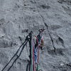 Typical of the bolted anchors on the Gmoser route. I found them sometimes difficult to locate in a sea of similar coloured limestone.