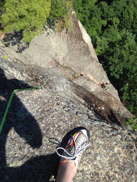 Often folks say that they want to climb this line but can't find it... I took this shot so you could see the rope line... Notice that the route breaks off of upper ref around the spot where the crack leads to the tree ledge... Ok... Good luck