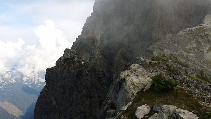 On the Crossover Pass descent of Mount Slesse. A small portion of the Northeast Buttress is visible. 