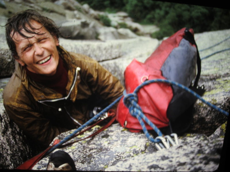 Another of Ben on the damp First Ascent  1973   Many years later Ben died abseiling after climbing a new route in Morocco